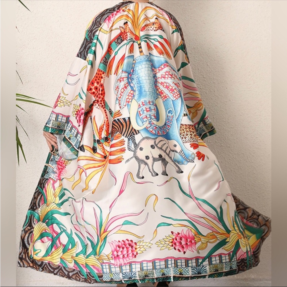 #69 NEW! Namaste Boho Kimono, Gem Zen Elephant Print Duster Open Kimono